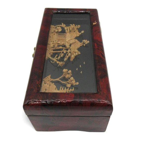 Vintage Oriental Lacquered Wooden JEWELRY BOX 3D Cork Pagoda with Birds - Picture 10 of 13